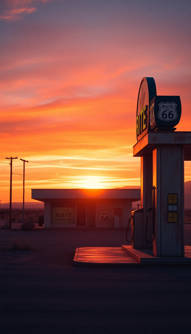 Old Gas Station Desert Route Photorealistic Wallpaper