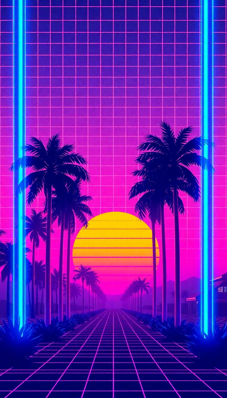 80s Synthwave Grid Sunset Palm Digital art Wallpaper