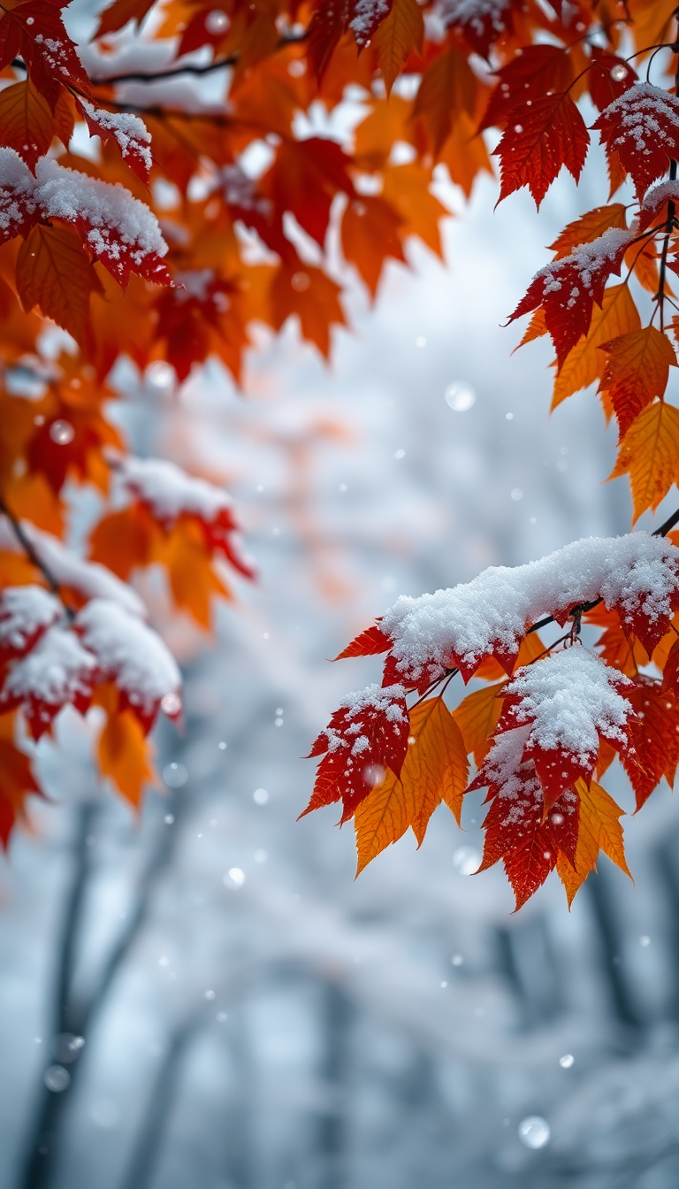 First Snow Falling On Autumn Photorealistic Wallpaper