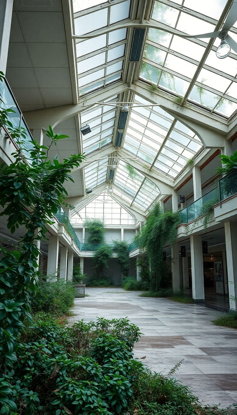 Abandoned Shopping Mall Nature Reclaiming Photorealistic Wallpaper