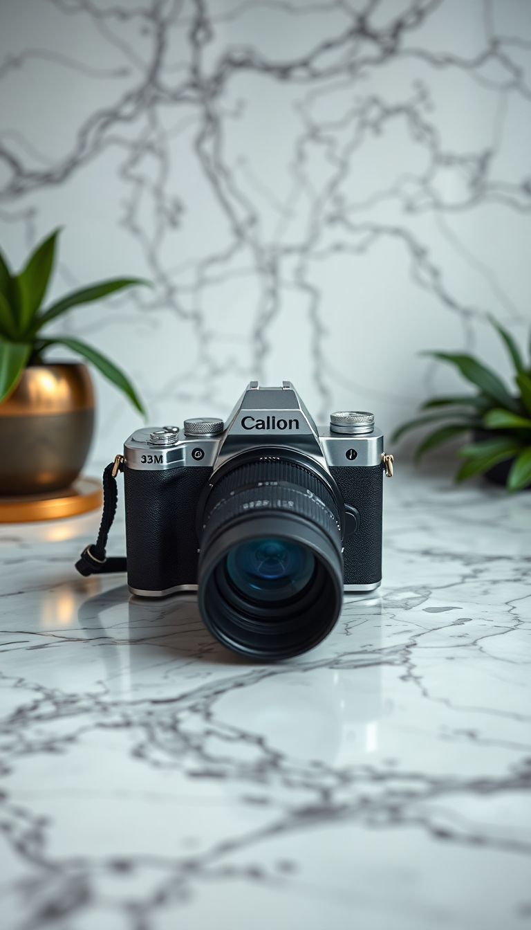 Film Camera On Marble Flatlay Photorealistic Wallpaper