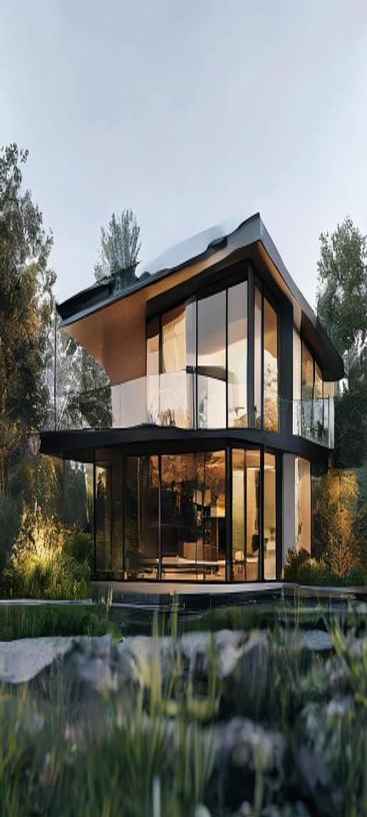 Modern Minimalist House Glass Walls Nature Photorealistic Modern Wallpaper