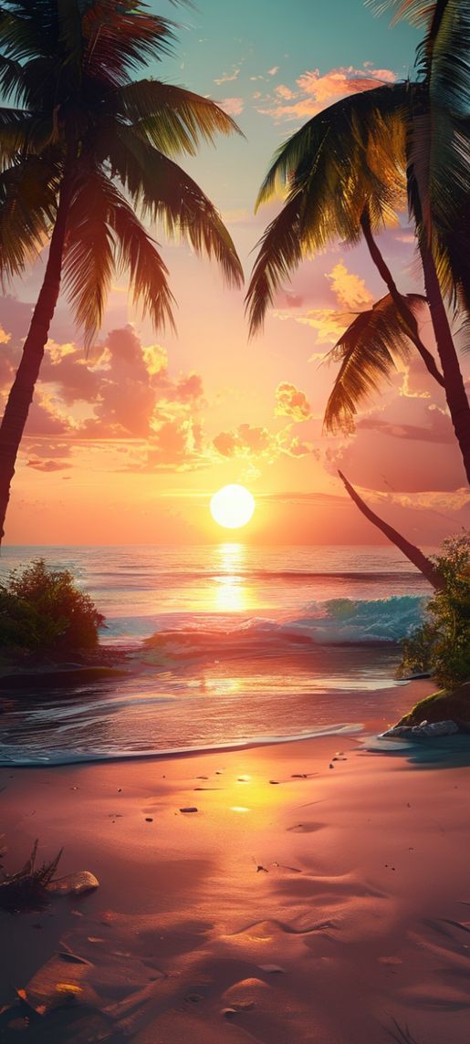 Warm Palm Silhouette Beach Sunset Photorealistic Wallpaper