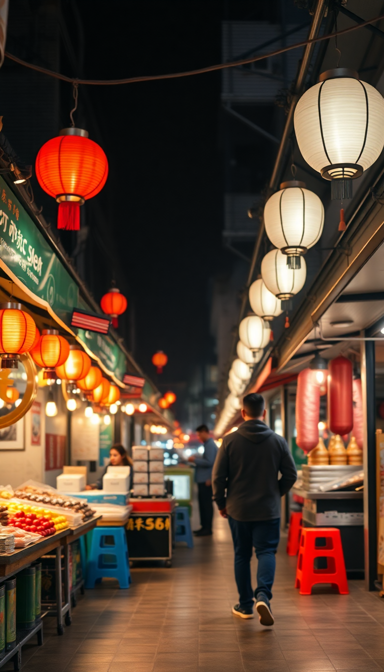 Night Market Street Food Stalls Photorealistic Wallpaper
