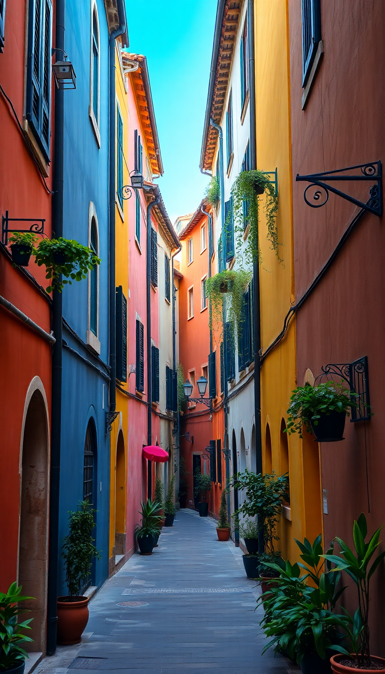 Bold Narrow Alley Buildings Plants Photorealistic Wallpaper