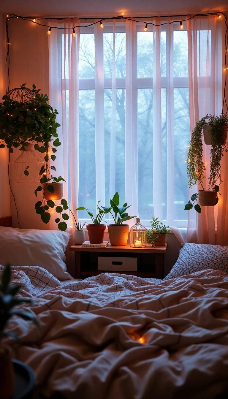 Indie Bedroom Fairy Lights Plants Photorealistic Wallpaper