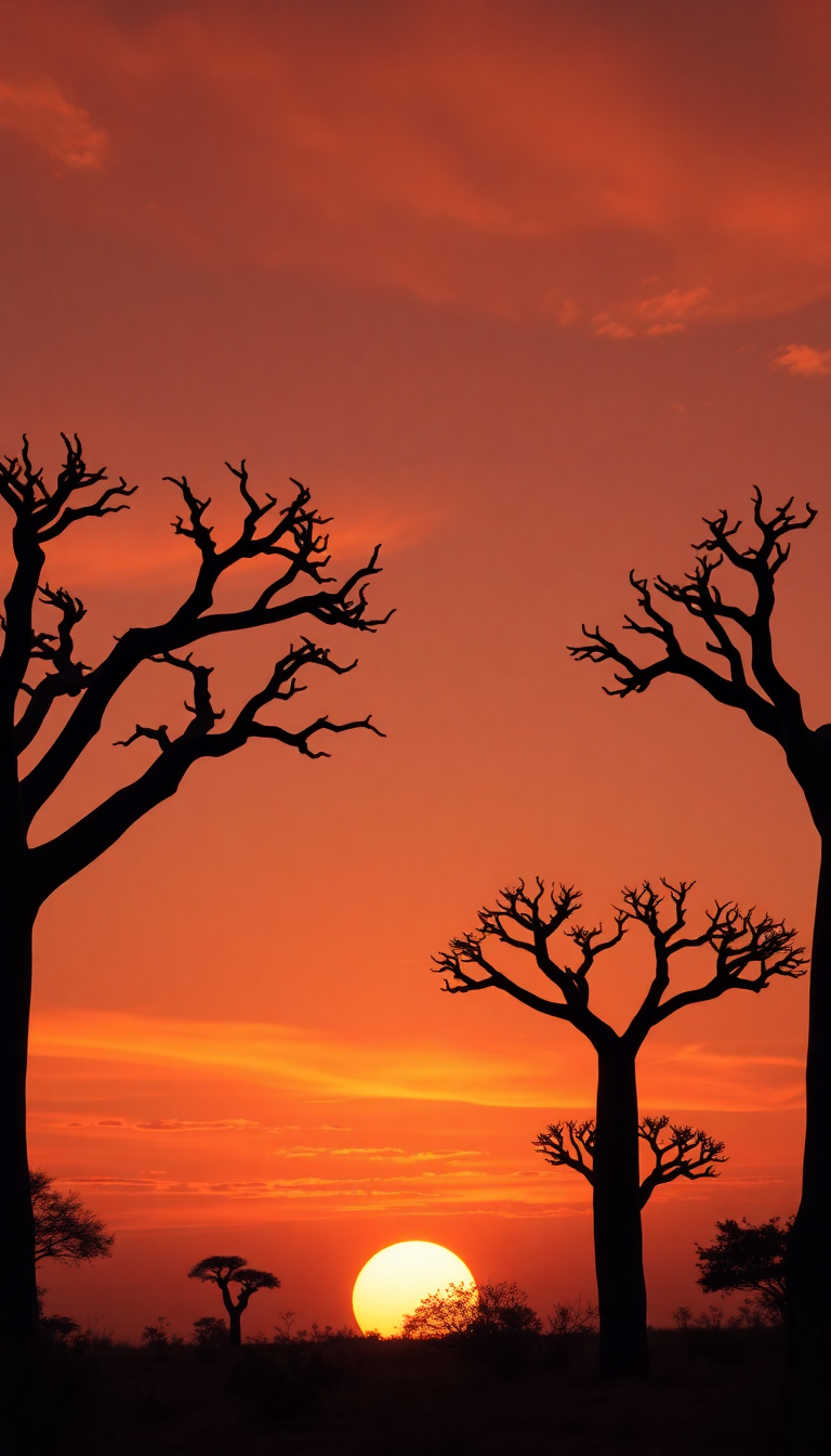 Baobab Trees Silhouette African Sunset Photorealistic Wallpaper