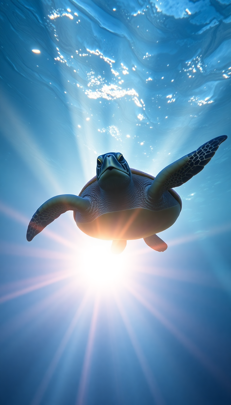 Sea Turtle Swimming Sunbeams Underwater Photorealistic Wallpaper