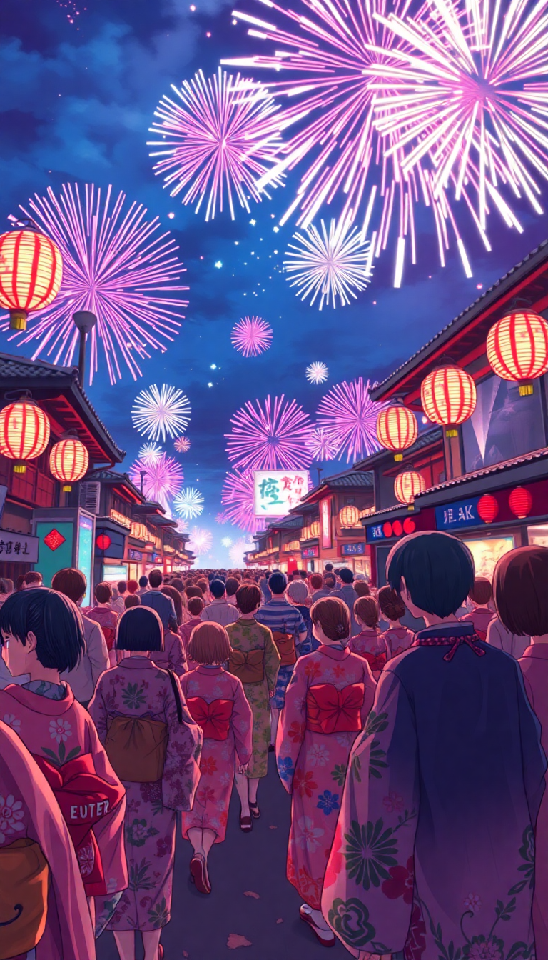 Summer Festival Fireworks Yukata Crowd Anime Anime Ultra Wallpaper