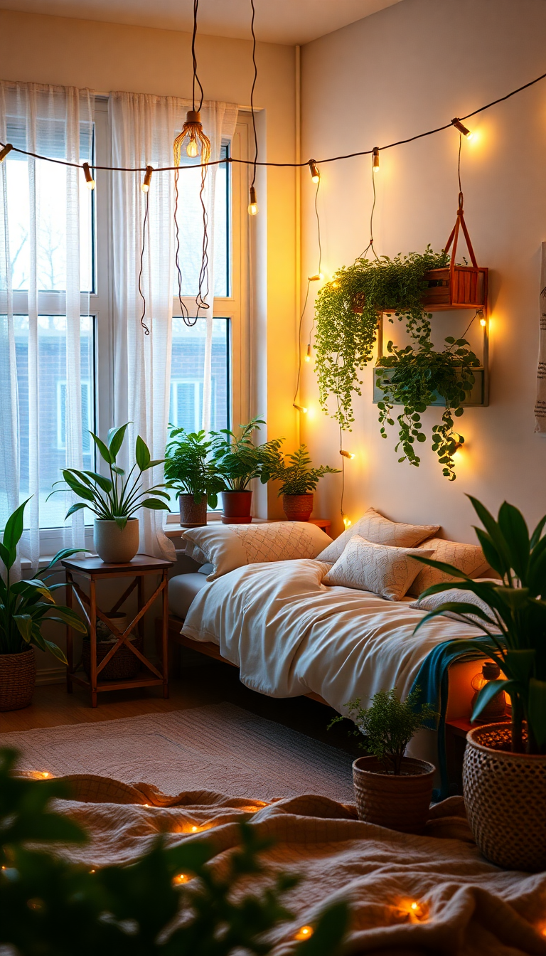 Indie Bedroom Fairy Lights Plants Cozy Photorealistic Deluxe Wallpaper