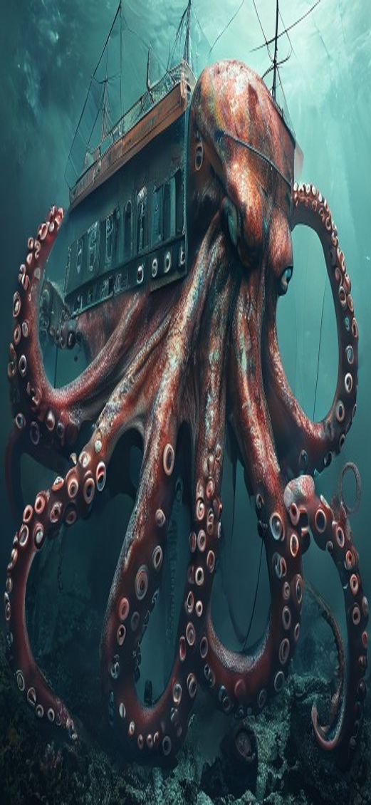Giant Octopus Shipwreck Deep Ocean Dramatic Digital art Super Wallpaper