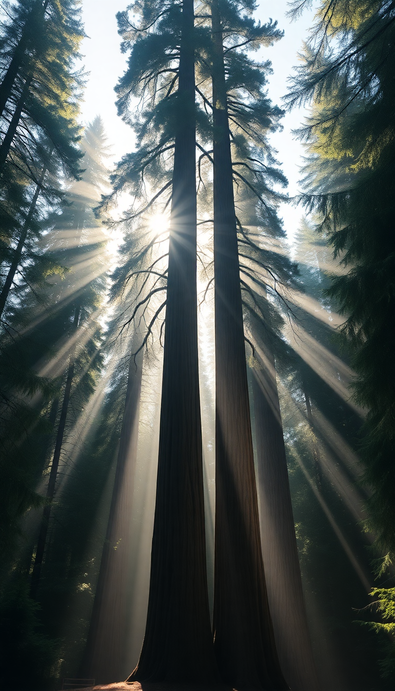 Lunar Redwood Trees Morning Fog Photorealistic Wallpaper
