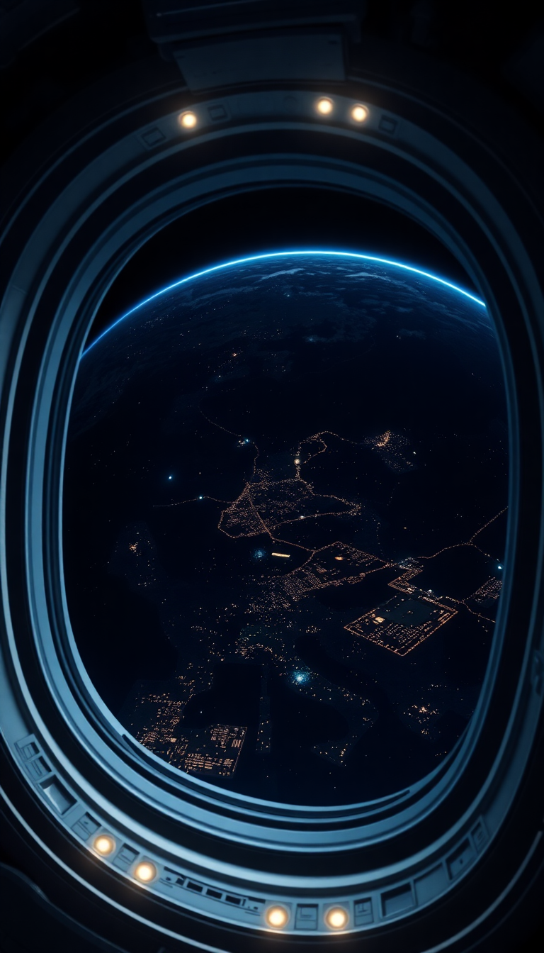 Space Station Window View Earth Night Photorealistic Premium Wallpaper