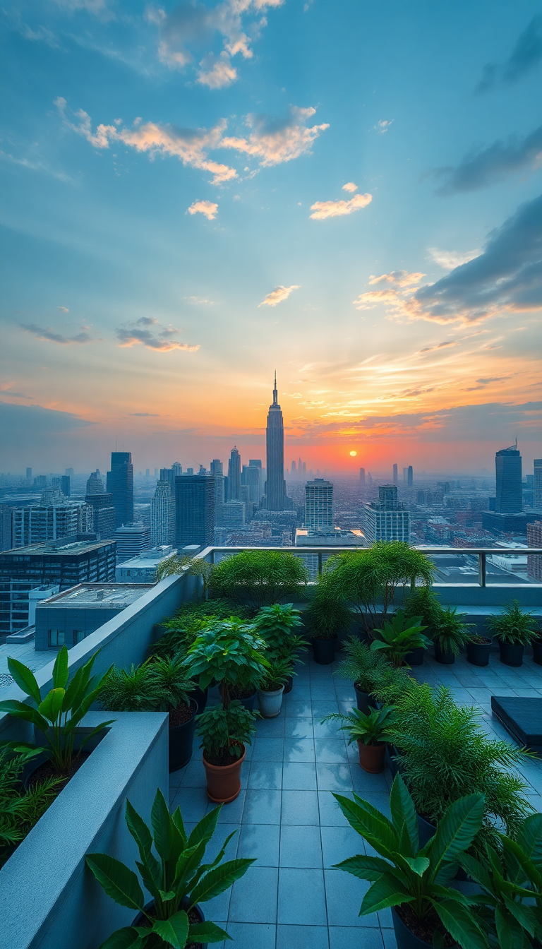 Rooftop Garden Oasis Above City Skyline Photorealistic Mini Wallpaper