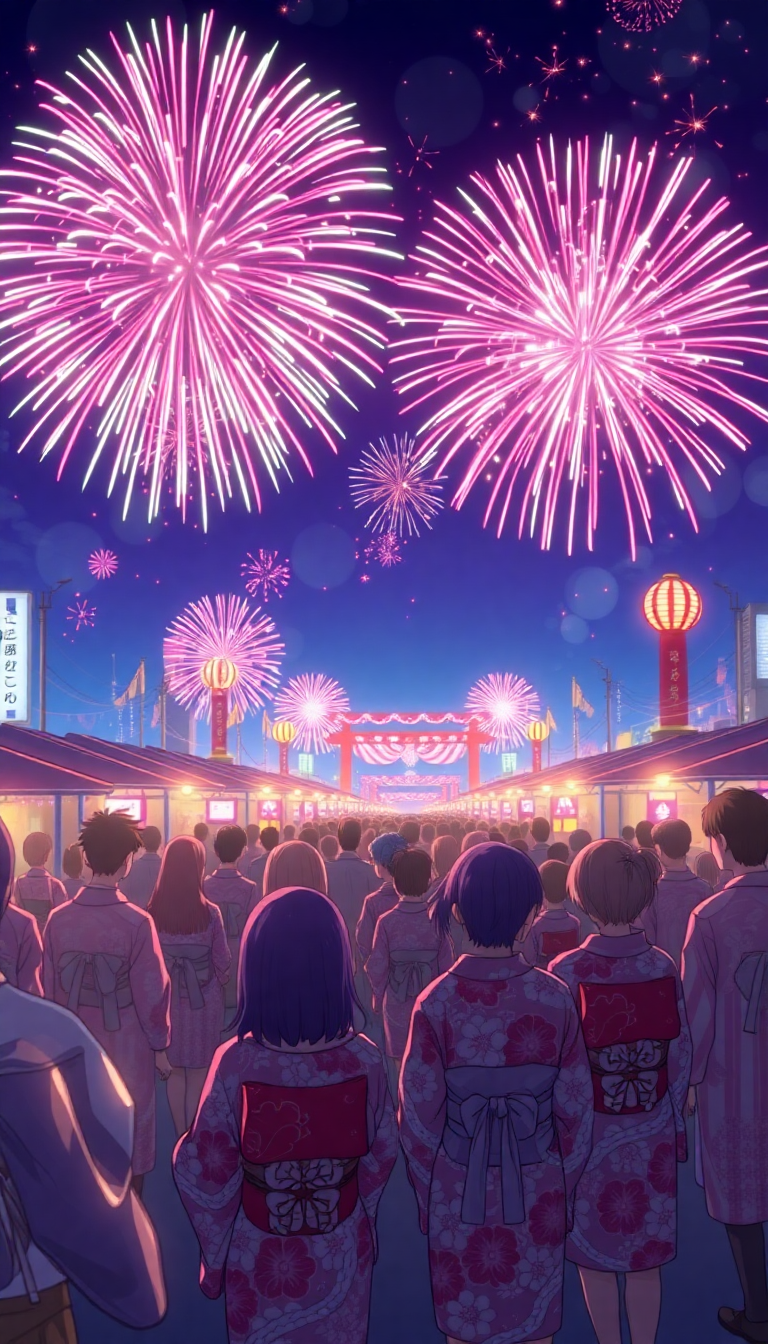 Hazy Crowd Yukata Fireworks Festival Anime Wallpaper