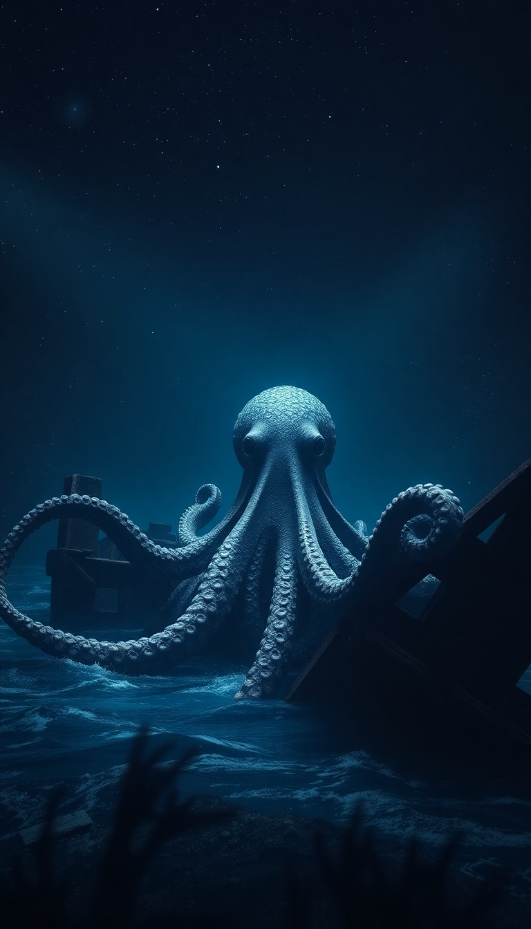 Giant Octopus Shipwreck Deep Ocean Digital art Wallpaper