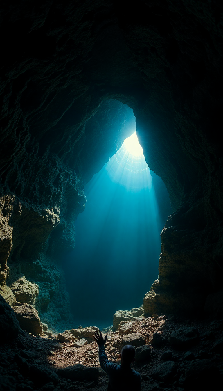 Dramatic Streaming Light Entrance Cave Photorealistic Wallpaper