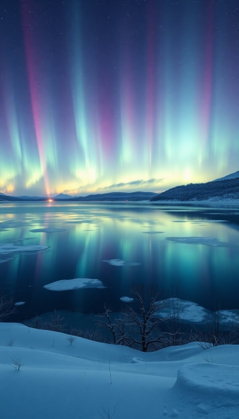 Tranquil Frozen Over Lights Northern Photorealistic Wallpaper