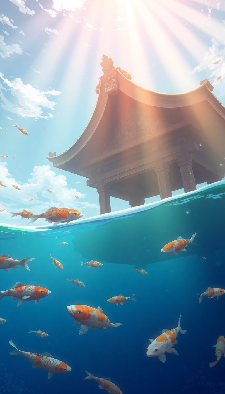 Misty Shrine Koi Fish Swimming Anime Wallpaper