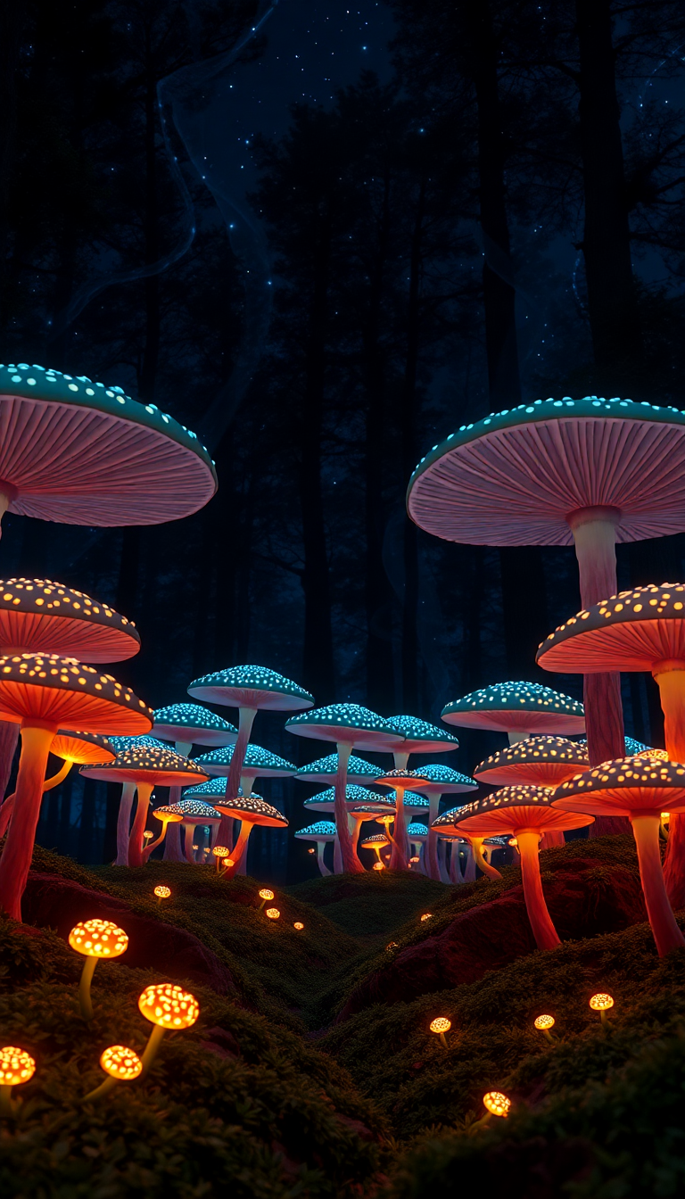 Alpine Mushroom Forest At Night Photorealistic Wallpaper