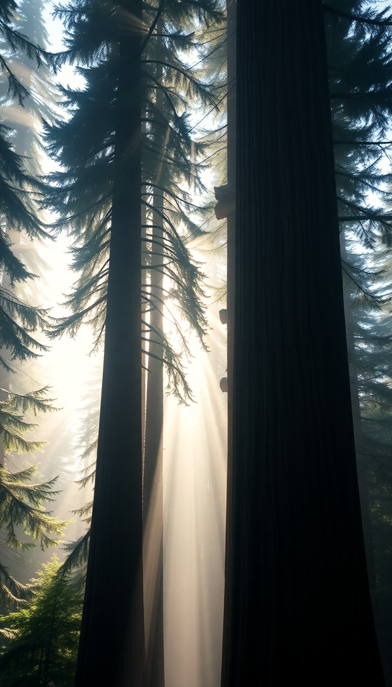 Giant Redwood Trees Morning Fog Sunbeams Photorealistic Special Wallpaper