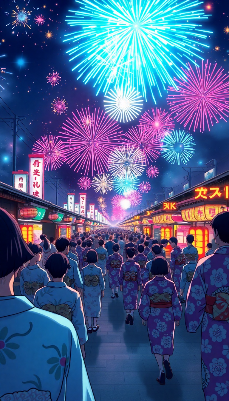 Pure Crowd Yukata Fireworks Festival Anime Wallpaper