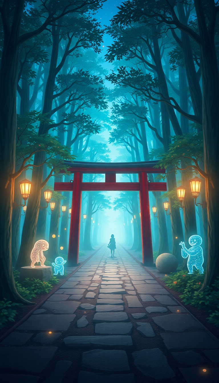 Spirit Forest Glowing Creatures Torii Anime Wallpaper