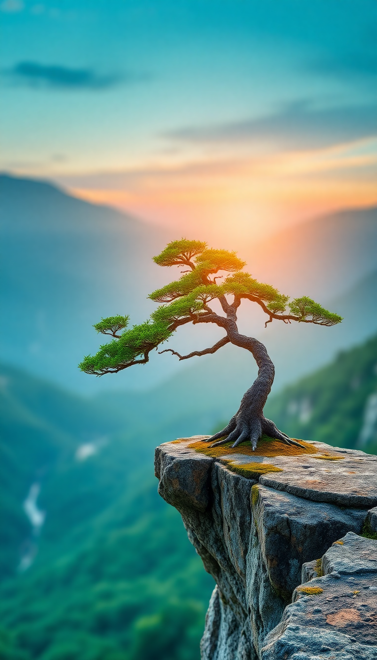 Bonsai Tree Cliff Edge Overlooking Digital art Wallpaper
