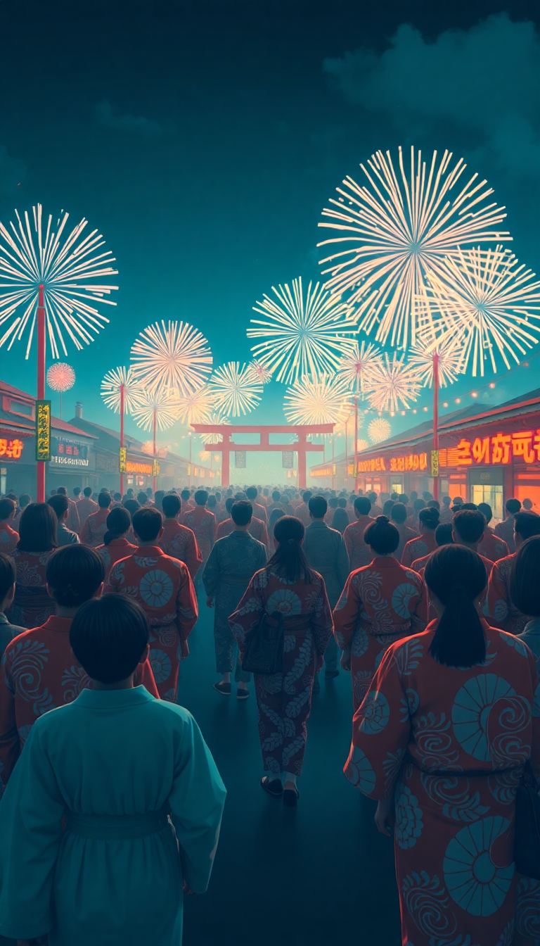 Summer Festival Fireworks Yukata Crowd Abstract Wallpaper