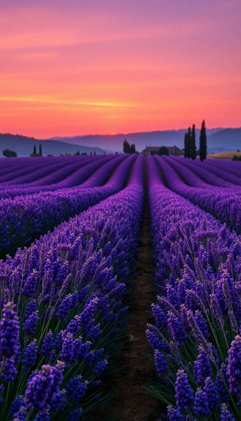 Luminous Lavender Fields Provence Sunset Photorealistic Wallpaper