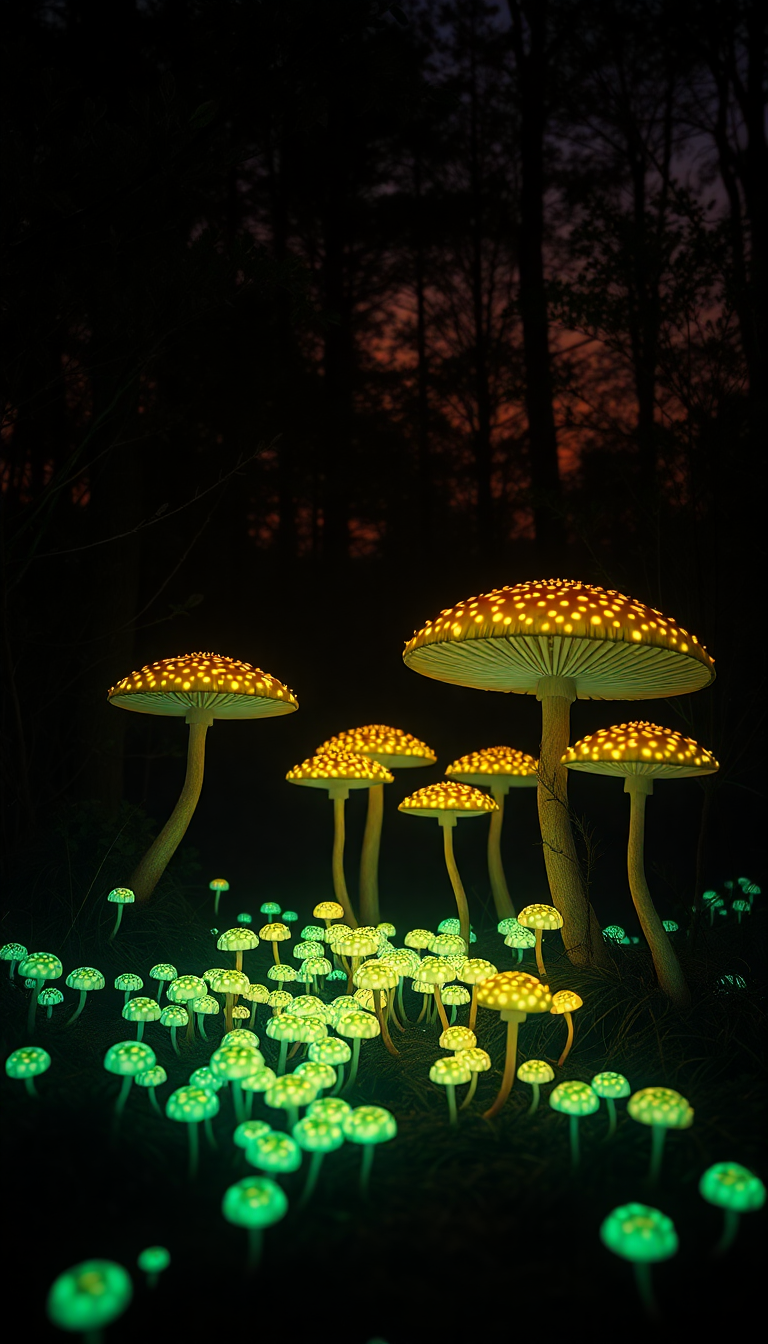 Bioluminescent Mushroom Forest Night Magical Photorealistic Wallpaper
