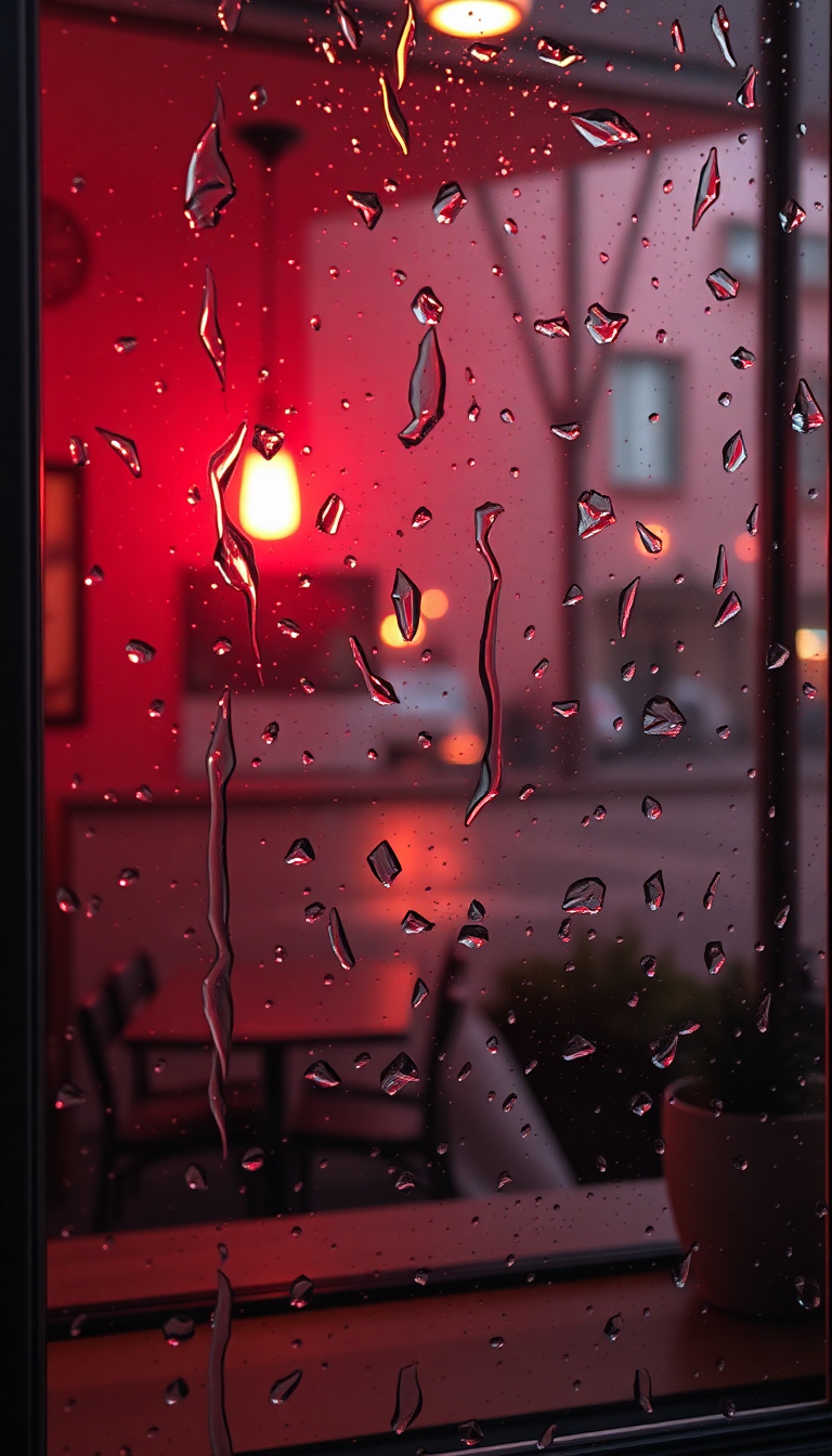 Coffee Shop Window Rain Outside Photorealistic Wallpaper