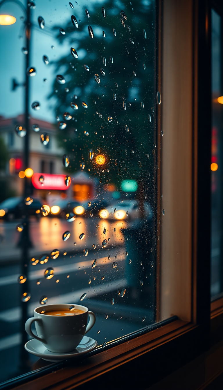 Golden Coffee Shop Window Rain Aesthetic Wallpaper