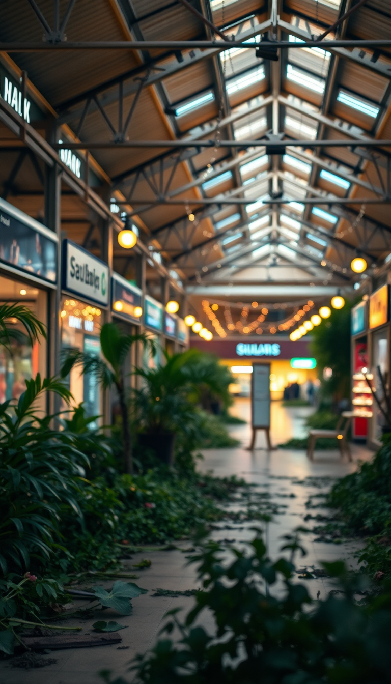 Ancient Abandoned Shopping Mall Nature Photorealistic Wallpaper