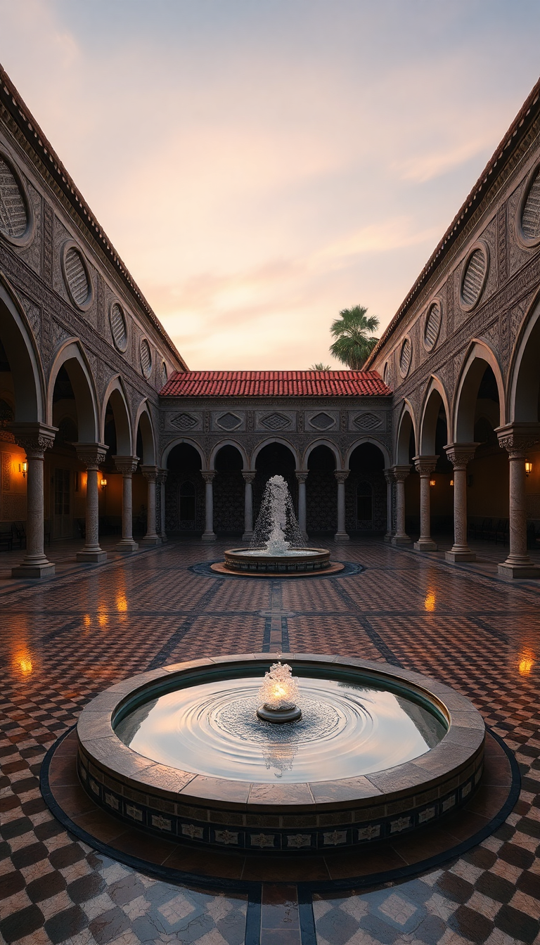 Crisp Moroccan Courtyard Tiles Fountain Photorealistic Wallpaper