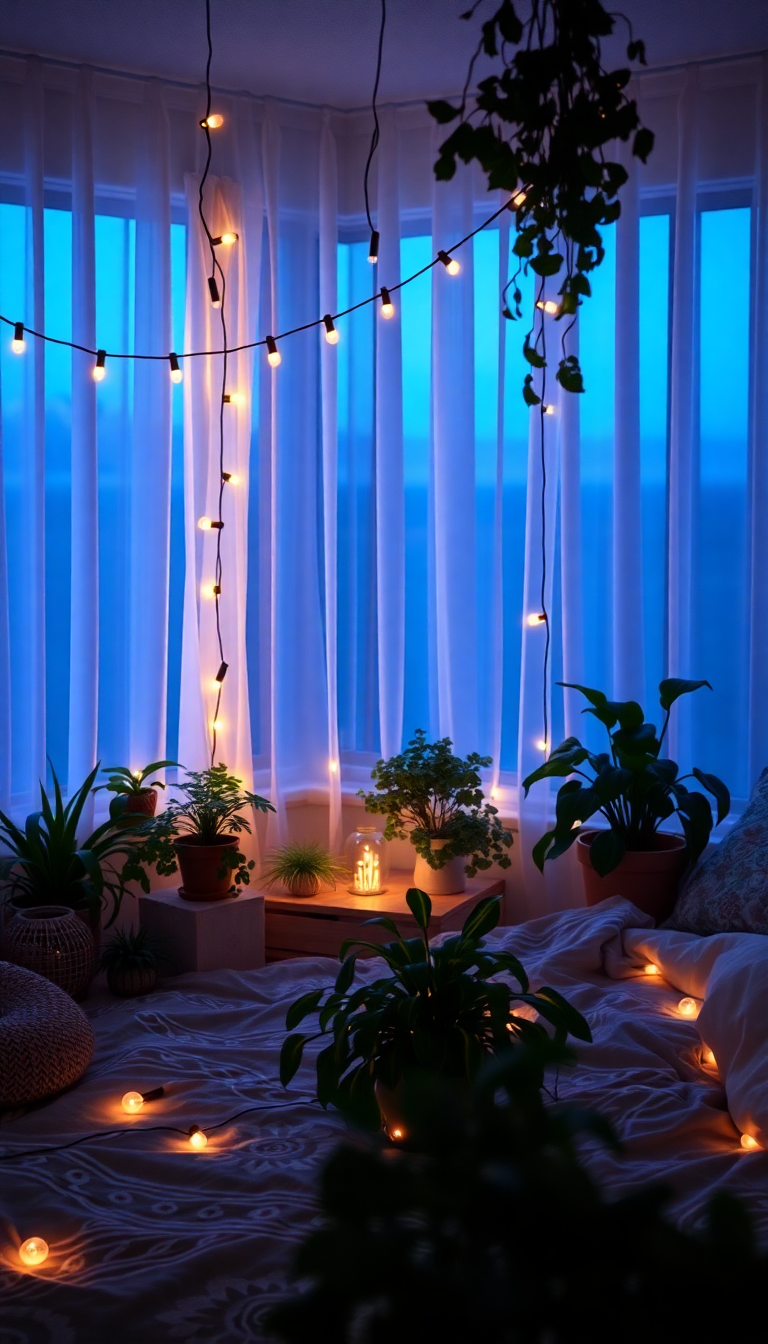Opulent Indie Bedroom Fairy Lights Photorealistic Wallpaper