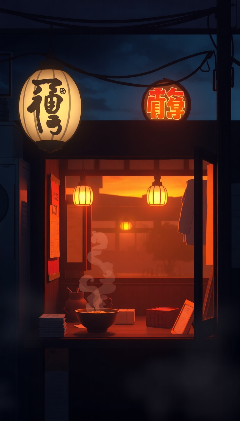 Ornate Cozy Ramen Shop Night Anime Wallpaper