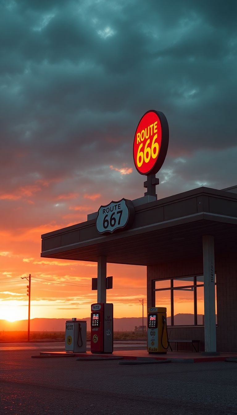 Subtle Old Gas Station Desert Photorealistic Wallpaper