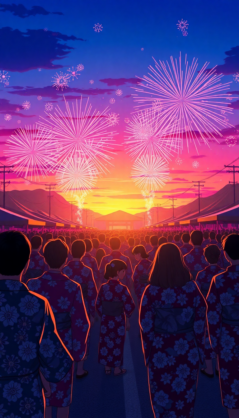 Misty Summer Festival Fireworks Yukata Anime Wallpaper