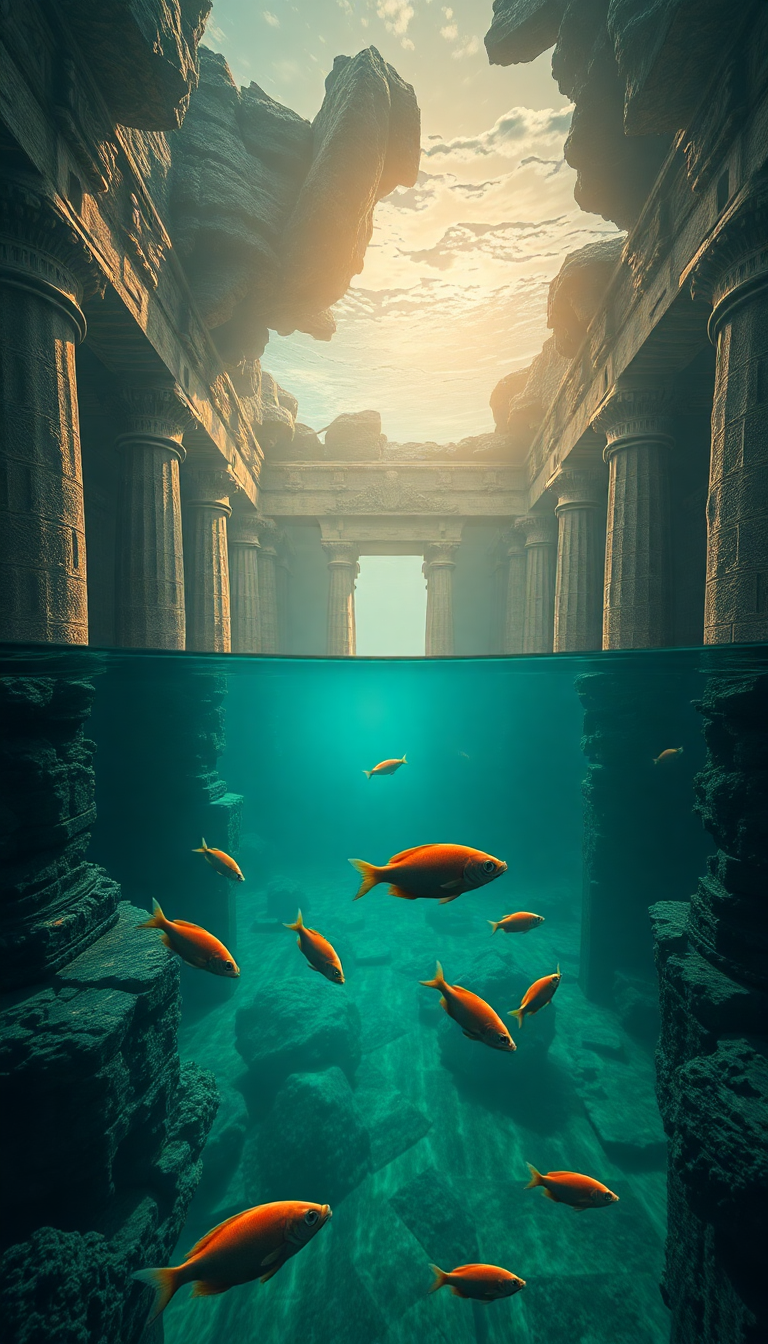 Icy Sunken Ancient Temple Fish Digital art Wallpaper