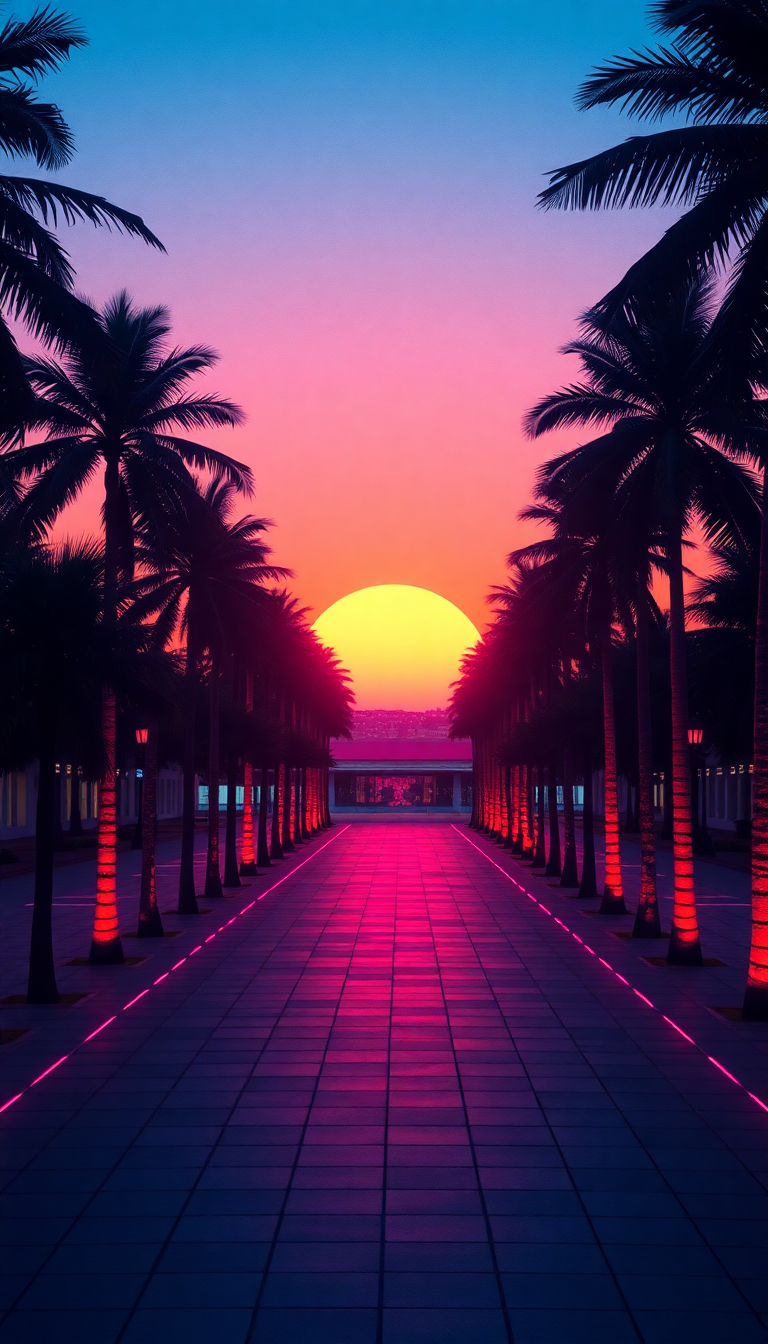 Dreamy 80s Synthwave Grid Sunset Aesthetic Wallpaper