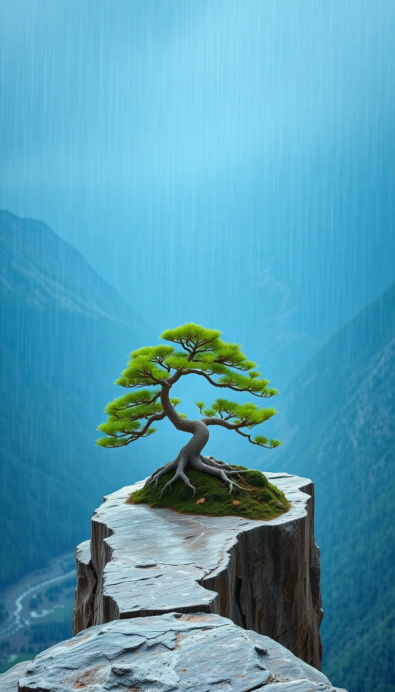 Bonsai Tree Cliff Edge Overlooking Minimalist Wallpaper
