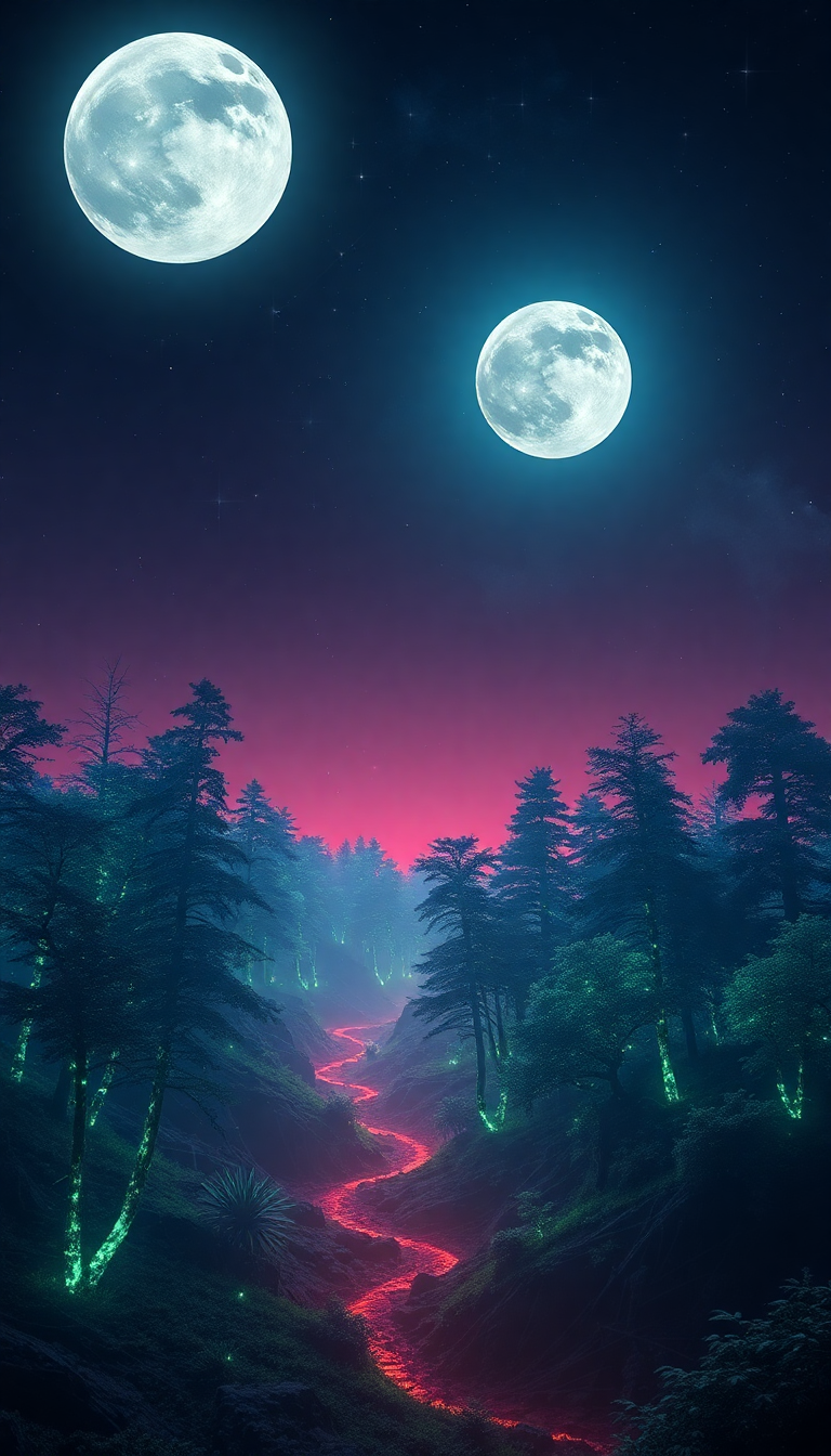 Whimsical Bioluminescent Alien Forest Distant Digital art Wallpaper