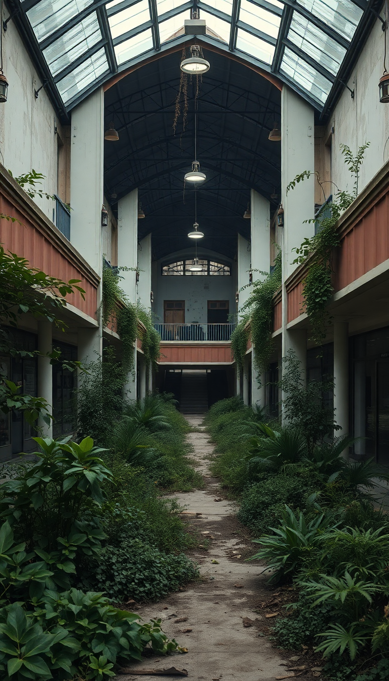 Retro Abandoned Shopping Mall Nature Photorealistic Wallpaper