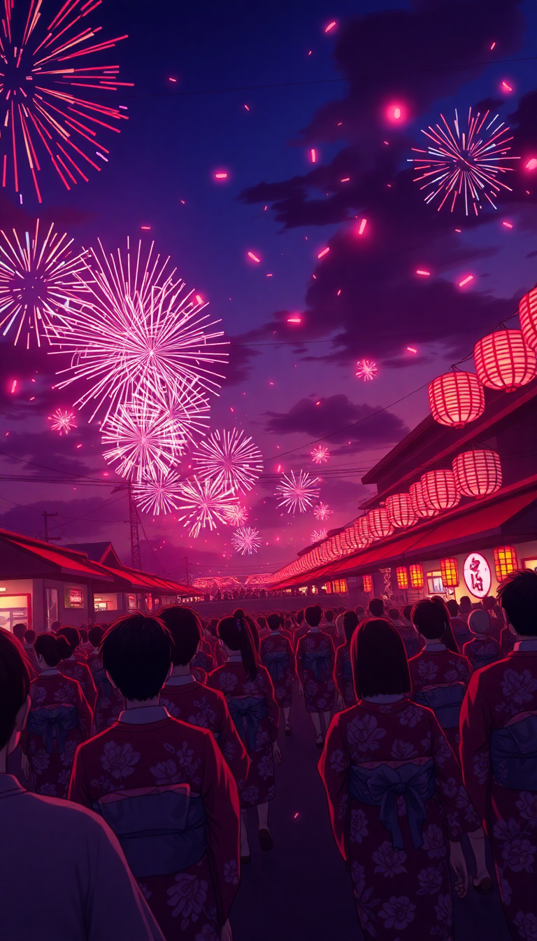 Grand Summer Festival Fireworks Yukata Anime Wallpaper