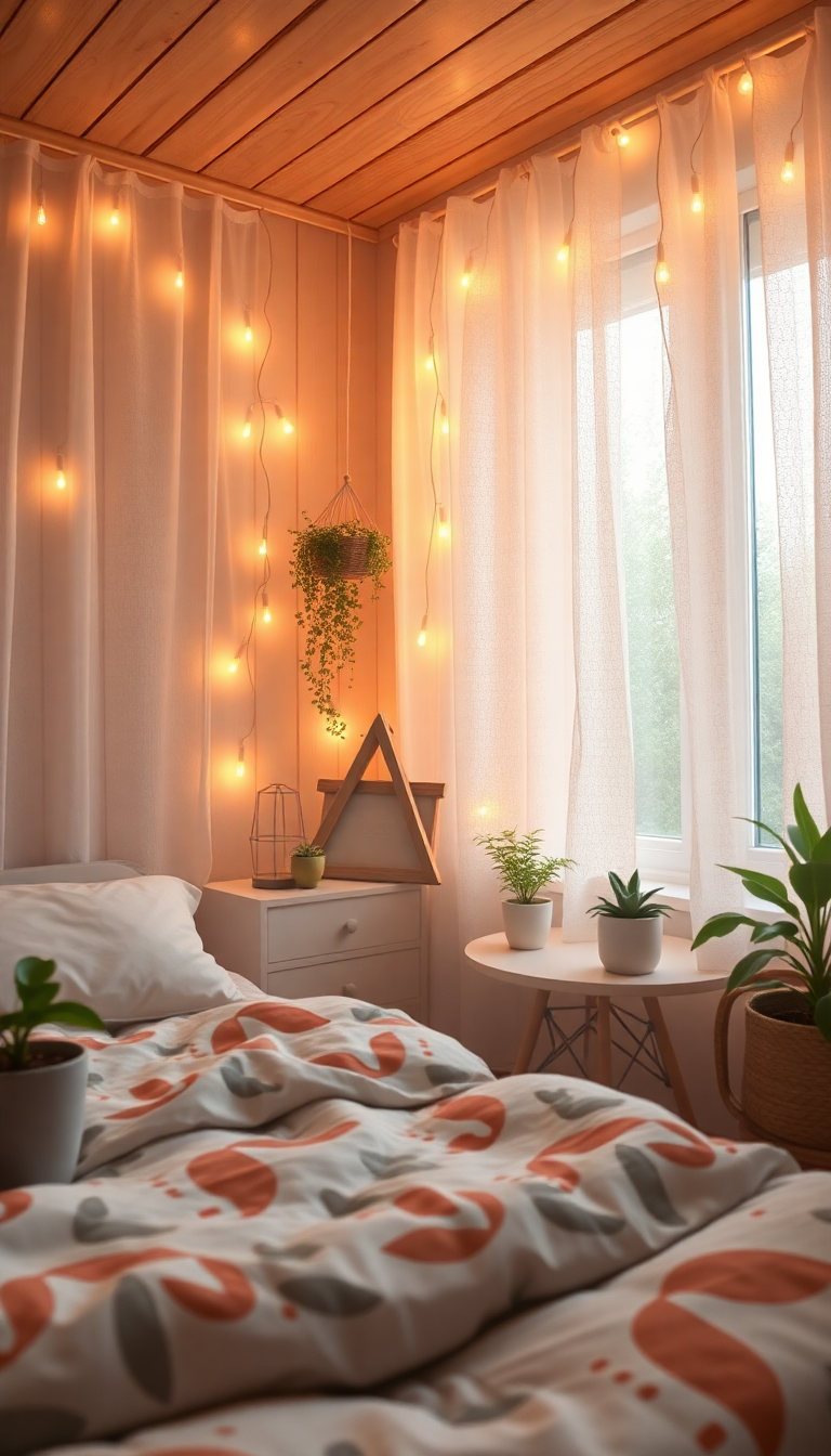 Bold Indie Bedroom Fairy Lights Photorealistic Wallpaper