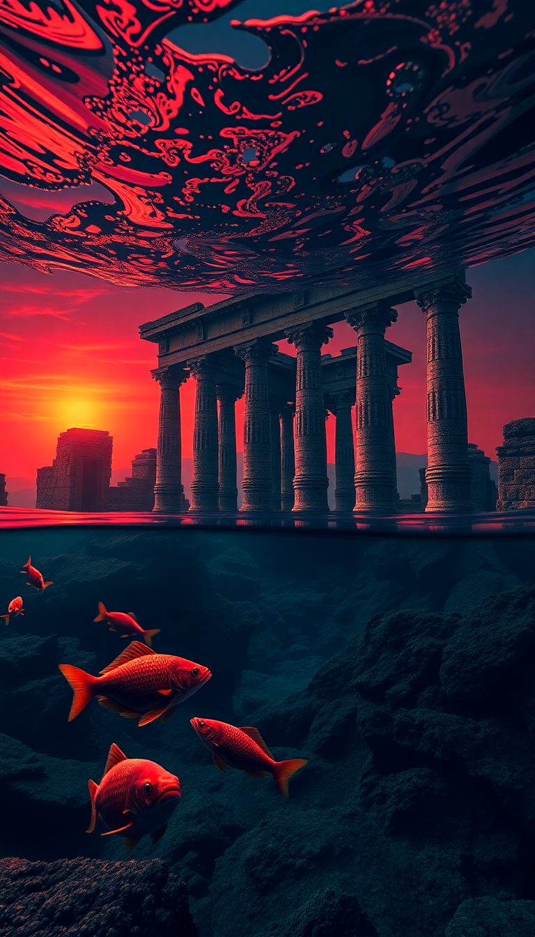 Sunken Ancient Temple Fish Swimming Abstract Wallpaper
