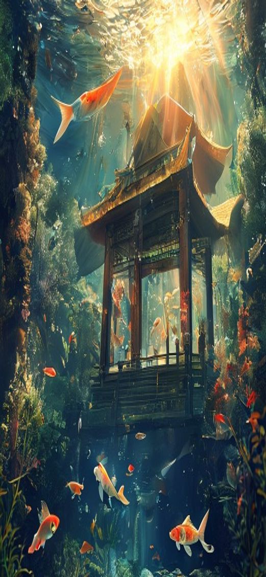 Sharp Underwater Shrine Koi Fish Anime Wallpaper