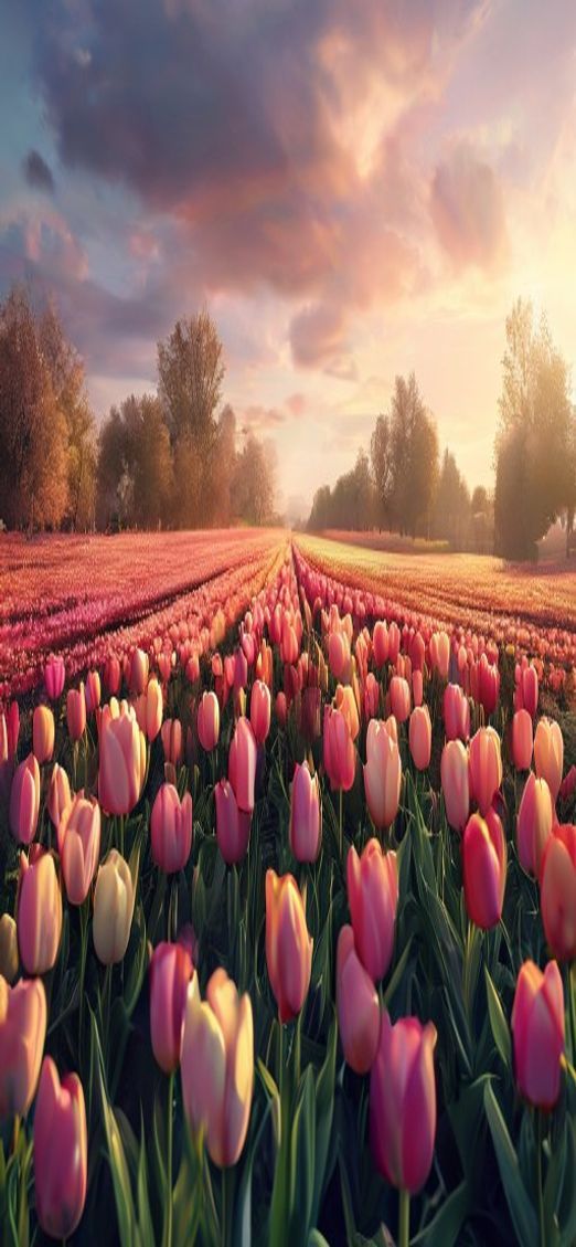Celestial Spring Tulip Field Netherlands Photorealistic Wallpaper
