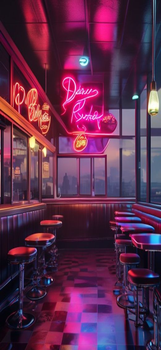 Enchanting Retro Diner Neon Signs Photorealistic Wallpaper